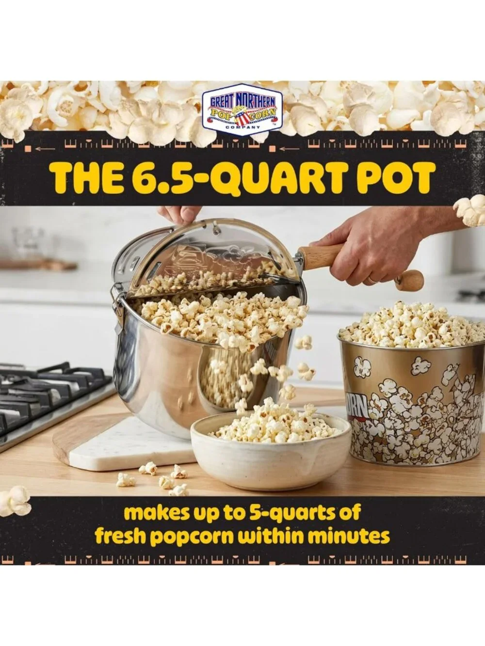 Stainless Steel Stovetop Popcorn Maker - 6.5 Quart, Hand Crank, Vented Lid